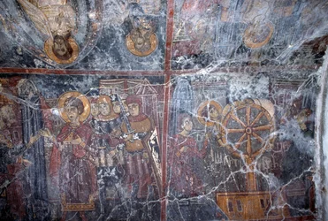 Afresco temático religioso, de Ioannis Pagomenos, afresco na igreja bizantina de São Jorge, Anidri, Creta, Grécia (foto)