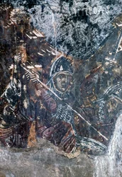 Soldado, afresco danificado no teto da igreja de Agios Vasileios, Vavouledo, Creta, Grécia (foto)