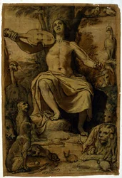 Orfeu encantando os animais com a música de um violino. Desenho de Federico Zuccari (1542 - 1609).