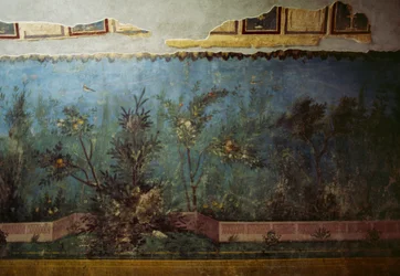 Fresco representando um jardim com árvores e aves, da Casa de Lívia no monte Palatino, Roma, Itália. Civilização romana