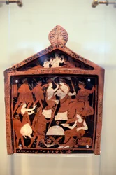 Tábua de Ninnion, ex-voto representando a procissão de Iacchus em frente a Demeter e Persephone, ca. 370 a.C., encontrada no Santuário de Eleusis, Garcia, civilização grega, final do século IV a.C.