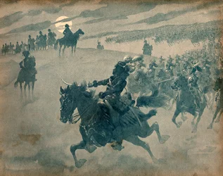 Alegoria de Joachim Murat (1767-1815) passando com sua cavalaria diante de Napoleão I Bonaparte (1769-1821). Gravura de Jacques Marie Gaston Onfray de Breville dit Job (1858-1931)