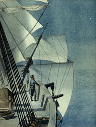 Campanha (Expedição) do Egito (1798-1801): retorno de Alexandria ao Egito a bordo do fregate "La Muiron", Napoleão I Bonaparte (1769-1821) sozinho na ponte do barco contempla o Mar Mediterrâneo à noite