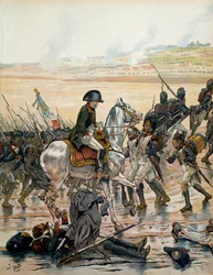 Campanha da Áustria (1805): Em Elchingen, Napoleão I Bonaparte (1769-1821), visitando o campo de batalha, reconhece um granadeiro do exército do Egito, deitado de costas, exposto à chuva torrencial e continuando a gritar aos seus camaradas «Avante!»