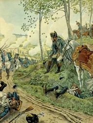 Campanha de Itália (1799-1800): Napoleão I Bonaparte (1769-1821) na Batalha de Marengo em 14 de junho de 1800 no Piemonte (Itália), entre os exércitos napoleónico e austríaco. Ilustração de Jacques Marie Gaston Onfray de Bréville, dito JOB (1858-1931).