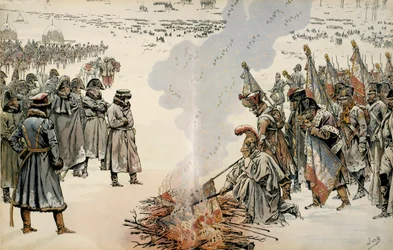 Campanha da Rússia (1812): durante a retirada da Rússia, Napoleão I Bonaparte (1769-1821) ordenou que se queimassem bandeiras e águias para impedir que o inimigo delas se apoderasse. Em «Napoleão», de Georges Montorgueil. Ilustração de Jacques Marie