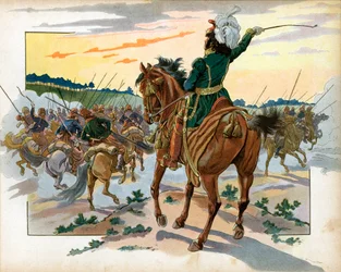 Durante a campanha russa, Joachim Murat (1767-1815) avançou sozinho contra os cossacos e os colocou para trás apenas pela sua presença. Gravura de Jacques Marie Gaston Onfray de Breville dit Job (1858-1931)
