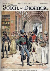 Cada um com a sua flor. Um soldado comprou flores de uma vendedora numa galeria coberta em Paris, em 1816. De uma aguarela do Sr. Job. Gravura em "Le sun-du-dimanche", LE 1 JANEIRO DE 1899.