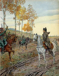 O Imperador Napoleão I Bonaparte (1769-1821) abrigou o segundo regimento de caçadores de cavalos em 1806 durante a campanha da Prússia (Alemanha), antes da Batalha de Iena, em 14 de outubro de 1806. Em "Napoleão", de Georges Montorgueil. Ilustração de Jacq