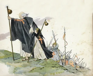 Primeira Cruzada: Pedro, o Eremita (1050-1115) leva a Cruzada ao grito de "Deus quer"! . Ele veste um casaco, ataca com uma cruz e segura um rabo de pelerim. Uma menina que simboliza a França a acompanha. em "França, a sua história contada por G. Montor