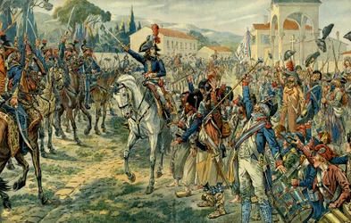 Primeira campanha de Itália (1796-1797): Napoleão I Bonaparte (1769-1821) passou em revista o Exército de Itália em Nice, em 27 de março de 1796. Ilustração de Jacques Marie Gaston Onfray de Breville, dito JOB (1858-1931). Coleção particular