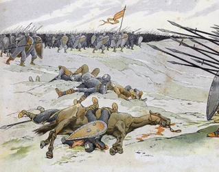 Guerra Franco-Inglesa (1202-1214): soldados que morreram na Batalha de Bouvines em 27/07/1214 que se opôs ao exército francês de Philippe Auguste aos flamengos e galeses de Othon IV. in "France, its story told by G. Montorgueil, imagee by Job" 1896. Co