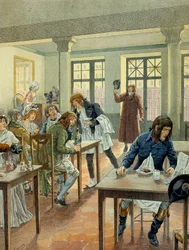 Revolução Francesa de 1789: Napoleão I Bonaparte (1769-1821) jovem na gárgula Justat, da rue des petits peres (Petits-Peres) em Paris, reduzido a um único prato, que pagou por 6 abaixo da porção. Ilustração de Jacques Marie Gaston Onfray de