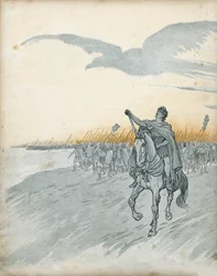Guerra da Gália: Caio Júlio César (então Jules César) (100-44 a.C.) e o seu exército invadem a Gália. A sombra de uma águia, símbolo do Império Romano, surge no céu. Em «França, a sua história contada por G. Montorgueil, ilustrada por Job», 1896. Colecção