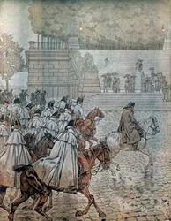 Campanha alemã em 1813: Napoleão I Bonaparte (1769-1821) e seu Estado-Maior voltou a Dresden após vencer a batalha nos dias 26 e 27 de Agosto. Em "Napoleão", de Georges Montorgueil. Ilustração de Jacques Marie Gaston Onfray de Breville dit J