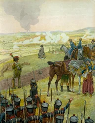 Campanha alemã em 1813: Napoleão I Bonaparte (1769-1821) sentado em cima de um tambor para sua estratégia de combate durante a Batalha de Bautzen em 20 e 21 de Maio de 1813. Em "Napoleão", de Georges Montorgueil. Ilustração de Jacques Marie Gaston Onfray d