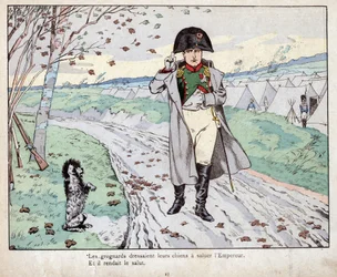 Os granadeiros (Velha Guarda de Napoleão Bonaparte) treinavam os seus cães para saudar o imperador - litografia de Job (Jacques Onfroy de Bréville) de «Le Grand Napoléon des Petites Enfants», 1893