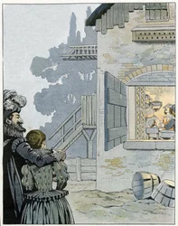 Henrique IV (1553-1610) e a galinha na panela: o rei observa a refeição de uma família de camponeses e quer melhorar as suas condições de vida graças à galinha na panela. Em «França, a sua história contada por G. Montorgueil, ilustrada por Job», 1896.