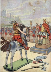 História de França. Cena da Gália romana com brinquedos: o chefe gaulês Vercingetórix (72-46 a.C.) dirige-se ao comandante romano Júlio César (100-44 a.C.) após a batalha de Alésia em 52 a.C. Em «Vamos brincar à história: França encenada com os brinquedos