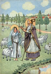 História de França. Cena da vida de Santa Genoveva com brinquedos: o bispo São Germano de Auxerre (V.378-448) coloca ao pescoço de Santa Genoveva (v.423-512), pastora que guardava as suas ovelhas em Nanterre, a medalha caída do céu. Em «Let