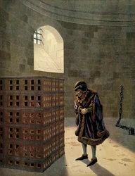 História de França na Idade Média: o cardeal Jean Balue (1422-1491), prisioneiro numa das famosas gaiolas do rei de França Luís XI, chamado o Prudente (1423-1483). Ilustração de Jacques Marie Gaston Onfray de Breville, dito JOB (1858-1931)
