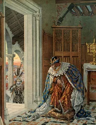 História da França na Idade Média (Idade Média): O Rei da França Luís XI diz que o Prudente (1423-1483) tem medo da morte à porta de casa. Ilustração de Jacques Marie Gaston Onfray de Breville dit JOB (1858-1931)