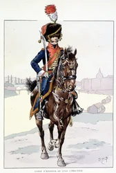 Cavaleiro da guarda de honra de Lyon (1804-1814) - em "Outfit of the troops of France": Armee de terre et de mer à toutes les epoques", doente. por Job