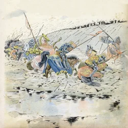 Guerra dos Cem Anos: "A Batalha de Azincourt em 25/10/1415". Tropas francesas derrotadas pelo exército do rei Henrique V (1387-1422). in "France, his story told by G. Montorgueil, imagee by Job" 1896. Coleção privada.