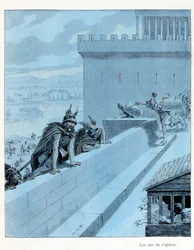 Ilustração do livro "A la gloire des betes" texto de A Fabre, desenhos de Jacques Marie Gaston Onfray de Breville dit JOB (1858-1931), editora Maison Alfred Mame et fils: Les goies du Capitole (890 AC), les Gauls siegent Rome, Collection Partial