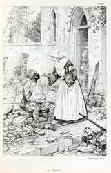 Ilustração do livro "La Grande Guerre par les artistes": "La cigarette septembre 1914" religiosa dando um cigarro a um soldado ferido por Jacques Marie Gaston Onfray de Breville dit JOB (1858-1931), Coleção Partiale