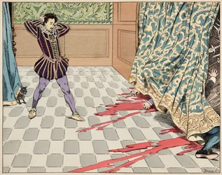 Ilustração do livro «Le bon roy Henri», ilustrado por Jacques Marie Gaston Onfray de Breville, dito JOB (1858-1931): No dia de São Bartolomeu, os seus dois amigos, Ségur e La Rochefoucauld, são degolados diante dos seus olhos - Colecção particular