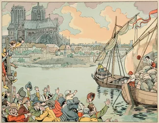 Ilustração do livro "Le bon roy Henri", ilustrado por Jacques Marie Gaston Onfray de Breville dit JOB (1858-1931): Paris refuitaille - Coleção particular