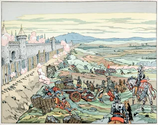 Ilustração do livro "Le bon roy Henri", ilustrado por Jacques Marie Gaston Onfray de Breville dit JOB (1858-1931): Henri IV agride o falecido de Paris em 1590 - Colecção privada