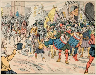 Ilustração retirada do livro "Le bon roy Henri", ilustrado por Jacques Marie Gaston Onfray de Breville dit JOB (1858-1931): Entregue por Henri IV em Paris, em 21 de Março de 1594 - Colecção privada