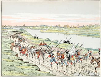 Ilustração retirada do livro "Le bon roy Henri", ilustrado por Jacques Marie Gaston Onfray de Breville dit JOB (1858-1931): Henri IV é sobre Paris - Coleção particular