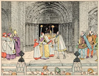 Ilustração retirada do livro "Le bon roy Henri", ilustrado por Jacques Marie Gaston Onfray de Breville dit JOB (1858-1931): Henri IV, Basílica de Saint Denis abjure sua religião e convertidos - Colecção privada