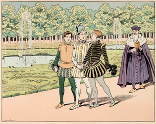 Ilustração retirada do livro "Le bon roy Henri", ilustrado por Jacques Marie Gaston Onfray de Breville dit JOB (1858-1931): Henri IV tornou-se amigo de M de Segur e M de La Rochefoucauld - Colecção privada