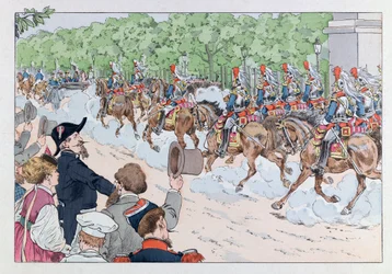 Jacques Marie Gaston Gaston Onfray de Breville dit JOB (1858 - 1931); Ilustração do livro "Les epees de France": Escolta do Imperador Napoleão 3 nos Campos Elísios; Coll, Parte