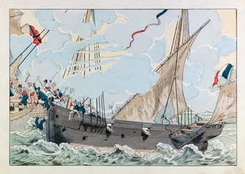 Jacques Marie Gaston Gaston Onfray de Breville dit JOB (1858 - 1931); Ilustração do livro "Les epees de France": Robert Surcouf (1773-1827) com seu navio "La Coquette" ataca o navio inglês "the Queen Mary"; Coll, Part