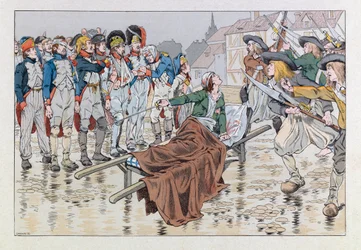 Jacques Marie Gaston Gaston Onfray de Breville dit JOB (1858 - 1931); Ilustração do livro "Les epees de France": O Marquês de Bonchamps ferido mortalmente após a batalha de Cholet em 1793 salva prisioneiros republicanos das mãos dos chouans; Coll, Par