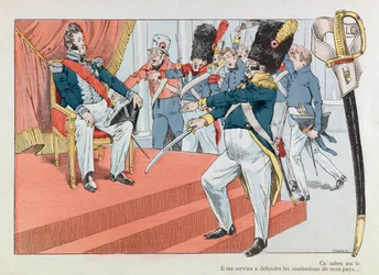 Jacques Marie Gaston Onfray de Breville dit JOB (1858 - 1931); Ilustração retirada do livro "Les epees de France": Louis Philippe (1773-1850) no trono (Henri Monnier recebendo a insígnia da Guarda Nacional "Este sabre é o mais belo