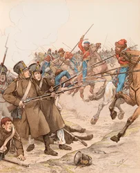 Jacques Marie Gaston Onfroy de Breville dit JOB (1858-1931) - Militares franceses durante as campanhas de Napoleão apelidados de Marie Louise em 1815 lutando contra os cossacos, Coleção Privada