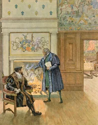 Jacques Marie Gaston Onfroy de Breville dit JOB (1858-1931) - História da Bélgica: Imperador Carlos V (1500 - 1558) visitando os grandes comerciantes e financiadores da cidade de Antuérpia, Coleção Privada
