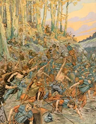 Jacques Marie Gaston Onfroy de Breville dit JOB (1858-1931) - História da Bélgica: Batalha da Aduatuca, no Vallee du Geer em 54 AC, os Eburons (belgas) massacraram as Legiões Romanas de César durante a Guerra Gálica, Coleção Privada