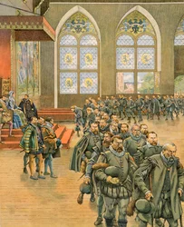 Jacques Marie Gaston Onfroy de Breville dit JOB (1858-1931) - História da Bélgica: Os Gueux apresentam as suas respeitosas recordações a Marguerite de Parma (1522-1586), governanta da Holanda sob Filipe II (1527-1598), em 1566, Colecção Privada