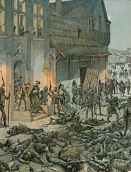 Jacques Marie Gaston Onfroy de Breville dit JOB (1858-1931) - História da Bélgica: Na noite de 27 para 28 de Outubro de 1468 seiscentos Franchimontonis surpreendem os soldados franceses de Carlos Temerário (1433-1477) e Luís XI (1423-1483) no seu acampamen