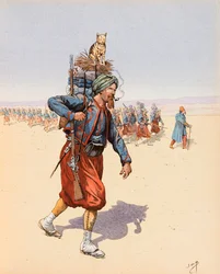 Jacques Marie Gaston Onfroy de Breville conhecido como JOB (1858-1931) - O Zouzou (Zouave em expedição no deserto), Coleção Particular