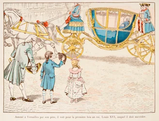 Jacques Marie Gaston Onfroy de Breville dit JOB (1858-1931) - Napoleão Bonaparte trazido a Versalhes por seu pai vê o Rei Luís XVI em Carossus pela primeira vez em 1770, Coleção Privada