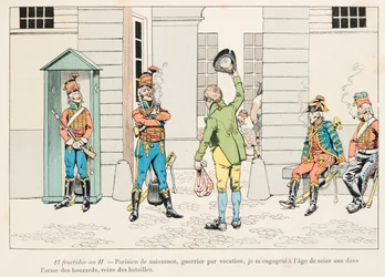 Jacques Marie Gaston Onfroy de Breville dit JOB (1858-1931) - jovem envolvido com os Houzards (hussardos) durante a Revolução Francesa, Coleção Privada