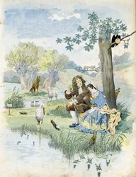 Jean de La Fontaine (Lafontaine) (1621-1695) falando com uma jovem rapariga. Ao seu redor, animais presentes nas fábulas do poeta: lobo, cordeiro, cegonha, tartaruga, rato, rã, lebre, raposa, corvo... em "France, his story told by G. Montorgueil, imagee by
